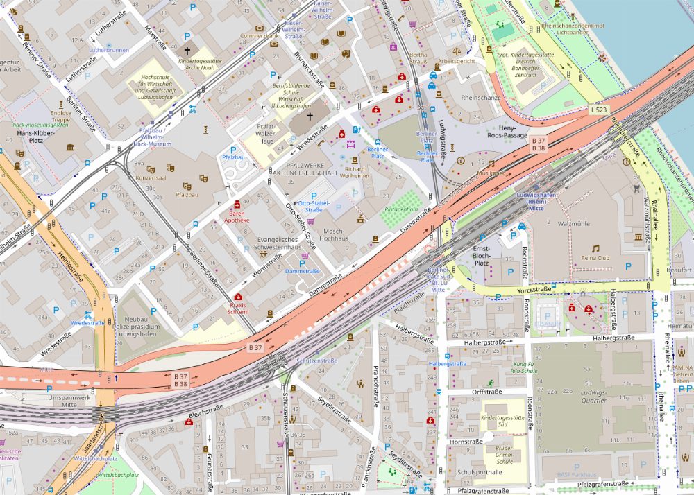 Karte von Ludwigshafen; das Studio liegt in der Otto-Stabel-Straße 2.